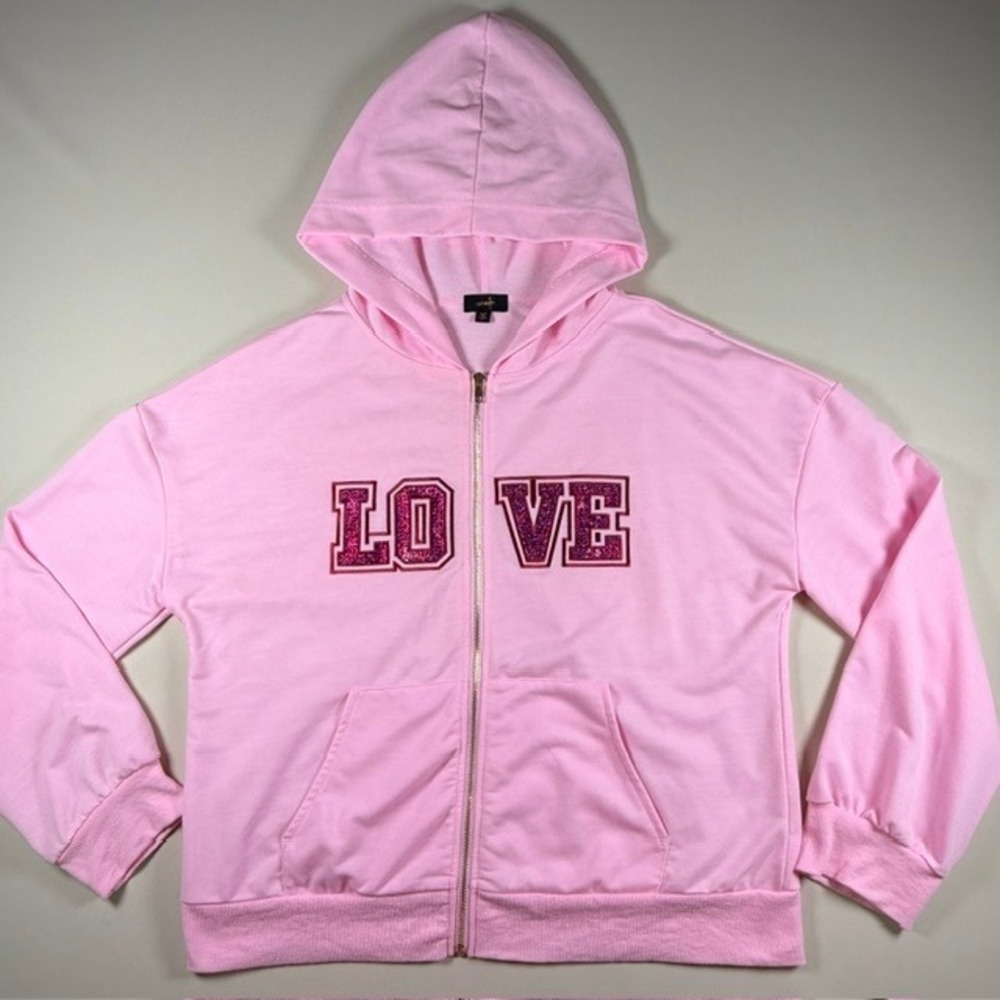 OnTwelfth Womens Pink LOVE Glitter Graphic Zip Up Hoodie Sweatshirt Large